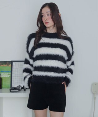 WEGO シャギーニットプルオーバー ホワイトボーダー