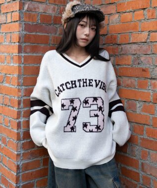 WEGO 【25年秋冬新作】フラッフィーVネックニットBIGプルオーバー ホワイト