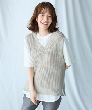 ANY Vネックラメニットベスト ライトベージュ×シルバーラメ