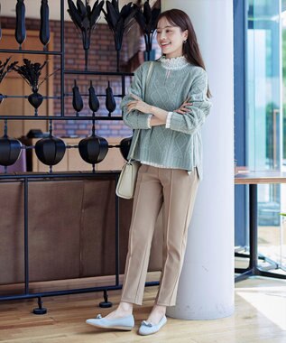 Tiaclasse L 【洗える】アラン柄キーネックニットトップス ミント