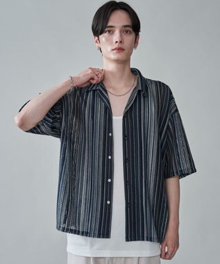 WEGO ストライプメッシュBIGシャツ（SS） ブラック中濃色