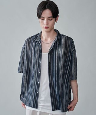 WEGO ストライプメッシュBIGシャツ（SS） ブラック中濃色