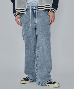 WEGO 【ユニセックス着用ITEM/MLサイズ展開/ウエストゴム】ボクサードッキングデニムパンツ デニム淡加工色