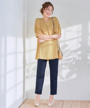 Tiaclasse L 【洗える】パフスリーブ切替フレアチュニック イエロー