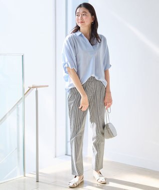 ANY 【新色追加】スキッパーネック袖タックブラウス ライトブルー