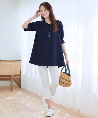 Tiaclasse L 【洗える】パフスリーブ切替フレアチュニック ネイビー