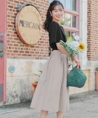 Tiaclasse 【新色追加・選べる丈】麻調タックフレアスカート 膝丈グレージュ