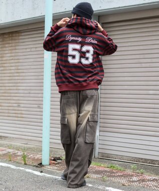 WEGO 【ユニセックスITEM/MLサイズ展開】ナンバリングカットZIPパーカー レッドボーダー