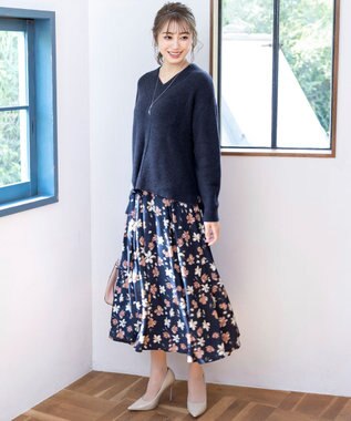 Tiaclasse L 【洗える】Vネック起毛ニットトップス ネイビー