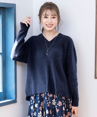 Tiaclasse L 【洗える】Vネック起毛ニットトップス ネイビー