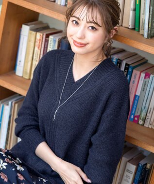 Tiaclasse L 【洗える】Vネック起毛ニットトップス ネイビー