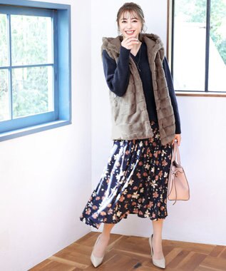 Tiaclasse L 【洗える】Vネック起毛ニットトップス ネイビー