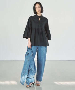 UNFILO コットンブロード フリルネックシャツ ブラック