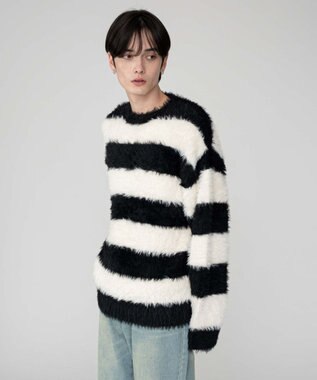 WEGO 【2025秋冬新作/ユニセックス着用ITEM/MLサイズ展開】フェザーニットプルオーバー ホワイトボーダー