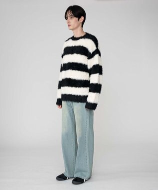 WEGO 【2025秋冬新作/ユニセックス着用ITEM/MLサイズ展開】フェザーニットプルオーバー ホワイトボーダー