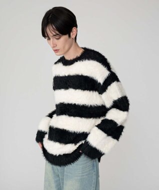 WEGO 【2025秋冬新作/ユニセックス着用ITEM/MLサイズ展開】フェザーニットプルオーバー ホワイトボーダー