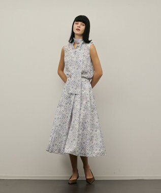 GRACE CONTINENTAL シアーフラワープリントジャガードフレアスカート グレー