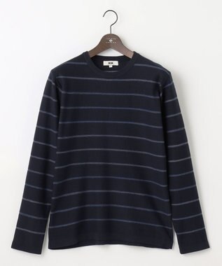 JOSEPH ABBOUD 【洗える】コットンカスリボーダー クルーネック ニット ネイビー系2