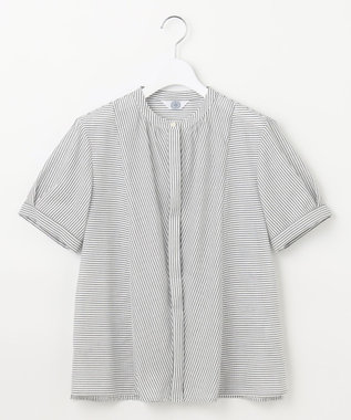 J.PRESS LADIES S 【洗える】ドビー強撚ストライプ 前開き ブラウス ネイビー系1