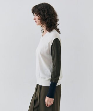 BEIGE， 【洗える】BURNET / カラーミックスVネックトップス Ecru×Khaki×Navy