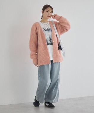 earth music&ecology 【ベルト付き】ＭＩＸカラーブークレカーディガン Pink Orange