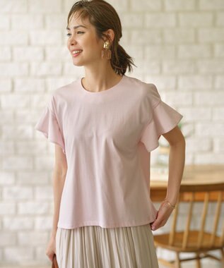 組曲 L 【UVケア・接触冷感】GIZAプレーティング天竺フリルスリーブ Tシャツ ピンク系