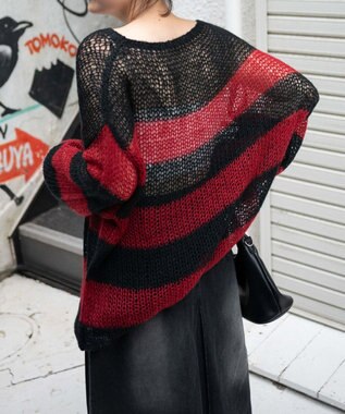 WEGO ボーダーモヘアタッチメッシュニットプルオーバー レッド