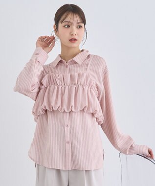 earth music&ecology ＳＥＴ２点起毛ストライプシャツ＋バルーンビスチェ Pink