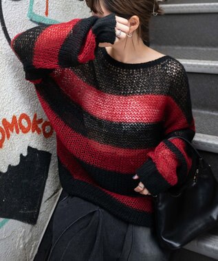 WEGO ボーダーモヘアタッチメッシュニットプルオーバー レッド