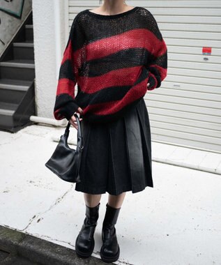 WEGO ボーダーモヘアタッチメッシュニットプルオーバー レッド