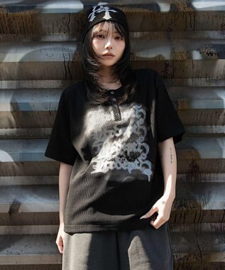 WEGO 【ユニセックス着用ITEM】グラフィックヘンリーネックT（SS） ブラック