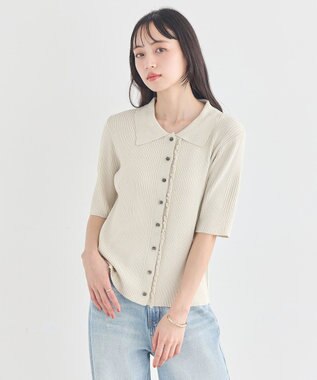 earth music&ecology ミニフリルポロカーディガン Ecru