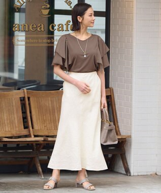 自由区 【XSサイズ~/洗える】ドレーピーポンチラッフルスリーブ カットソー ブラウン系