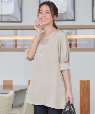 Tiaclasse L 【洗える】パフスリーブ切替フレアチュニック グレージュ