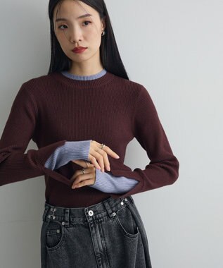 Green Parks ダブルカフスモックネック配色ニット Brown