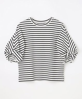 ANY L ツイストスリーブボーダートップス オフ×ブラック