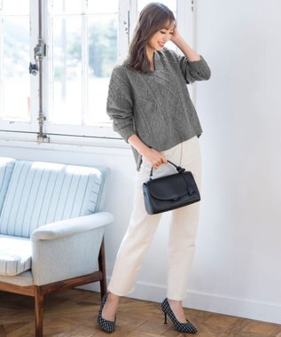 Tiaclasse L 【洗える】アラン柄キーネックニットトップス チャコールグレー