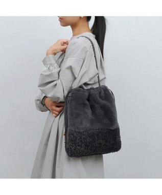 UNBILLION cachecache 切り替えエコファー三つ口巾着トート グレー