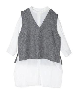 Green Parks ＳＥＴ２点Ｖネックベスト＋７分袖ミディシャツワンピース Gray Mixture