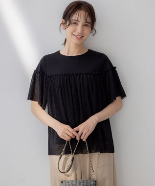 組曲 S プリーツコンビ5分袖 カットソー ブラック系