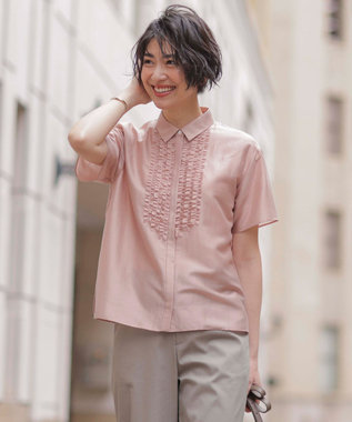 J.PRESS LADIES 【洗える】フリルジャージー ブラウスライク カットソー ピンク系