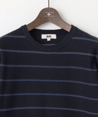JOSEPH ABBOUD 【洗える】コットンカスリボーダー クルーネック ニット ネイビー系2