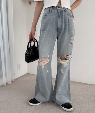 WEGO ダメージフレアデニムパンツ デニム淡加工色