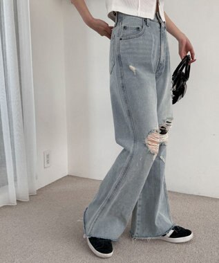 WEGO ダメージフレアデニムパンツ デニム淡加工色