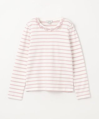 ANY KIDS リボン×ボーダー長袖Tシャツ ピンク×エクリュ