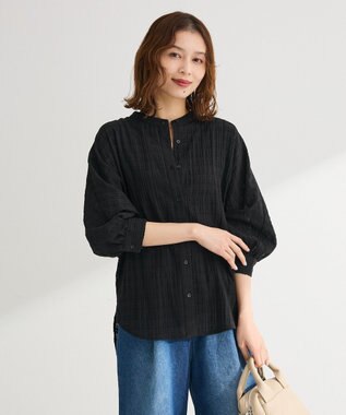 Green Parks シアーチェック７分袖シャツ Black