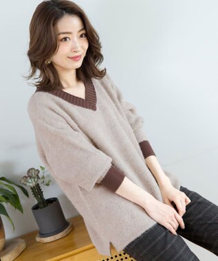 Tiaclasse L 【洗える】表情豊かなメランジニットVネックトップス ベージュ×ブラウン