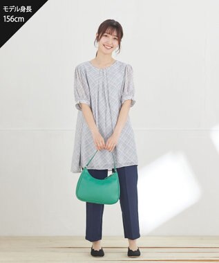 Tiaclasse シフォンチェックパフスリーブチュニック グレー