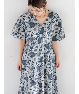 Te chichi 【LIBERTY FABRICS】Vネックフレアワンピース ネイビー