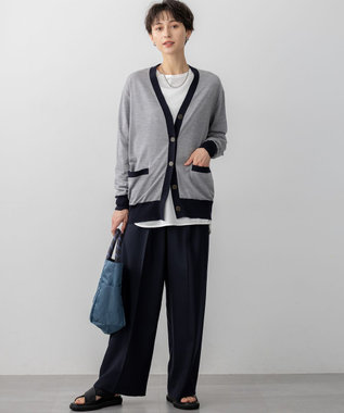 23区 S 【洗える】サステナブルウール Vネック バイカラー カーディガン ライトグレー×ネイビー